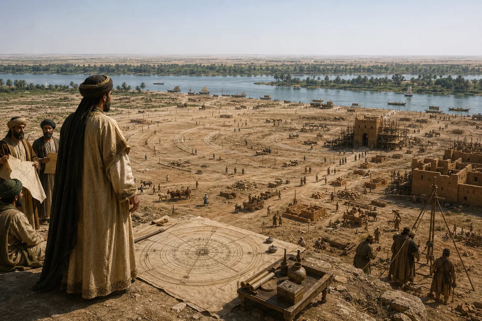 Al-Mansur and planners overlooking the circular foundations of Baghdad beside the Tigris.