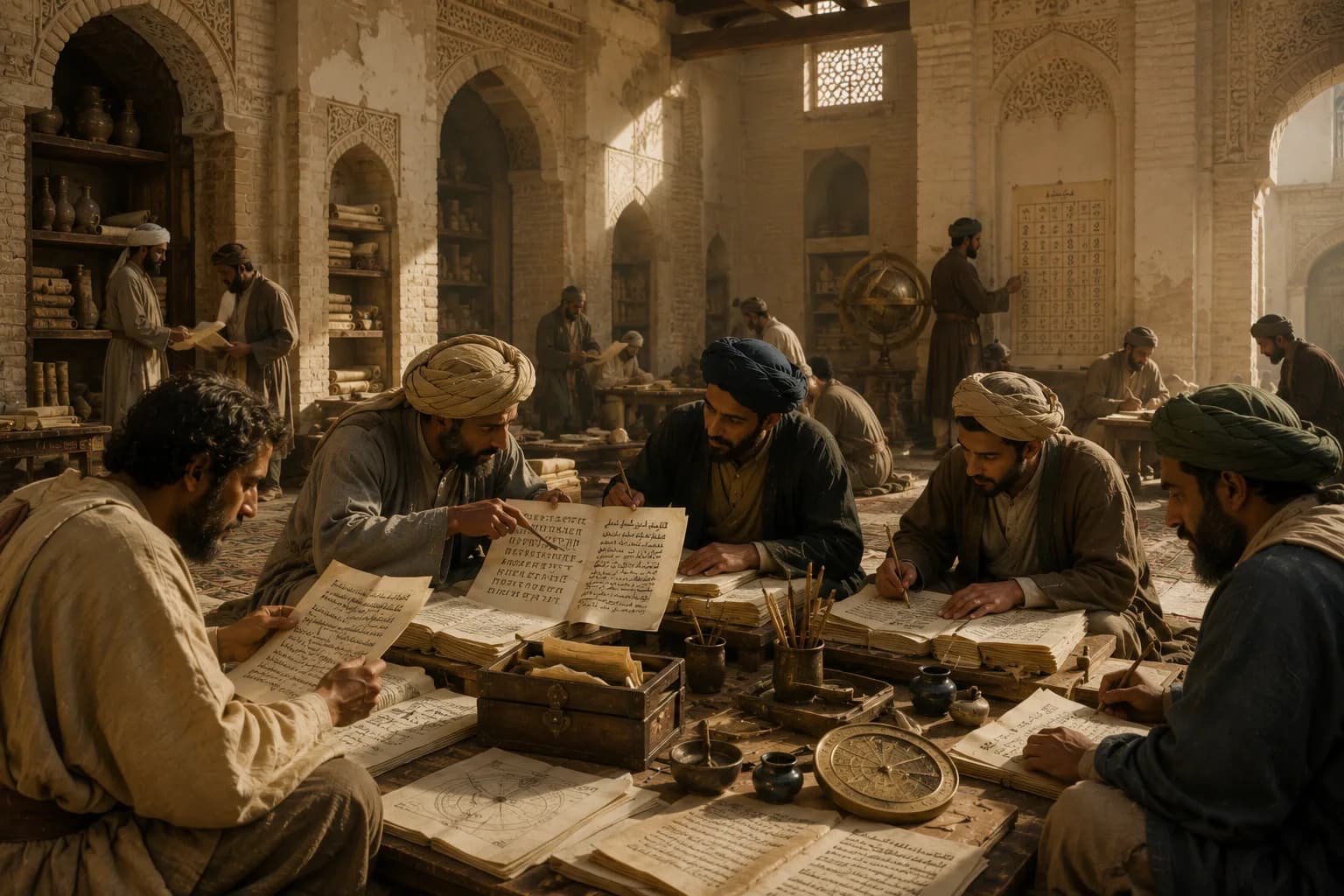 Scholars in the House of Wisdom comparing manuscripts, charts and instruments in Abbasid Baghdad.