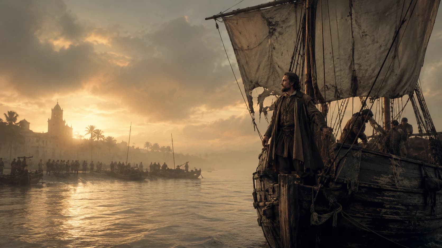 The battered Victoria returning to Spain with torn sails at sunset
