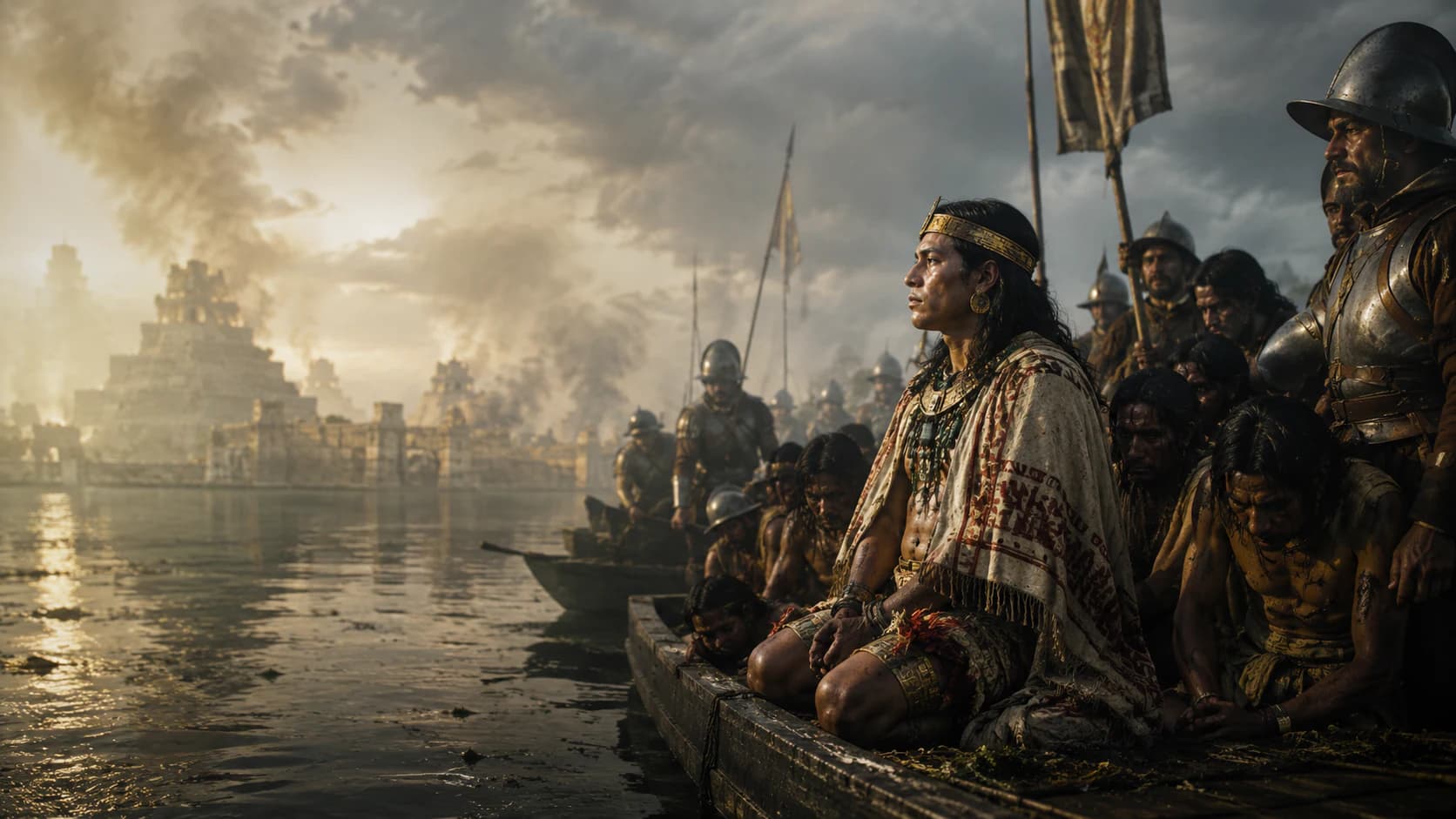 Cuauhtemoc seated in a canoe on Lake Texcoco after the fall of Tenochtitlan