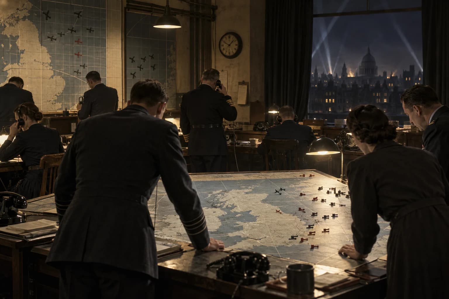 Anonymous officers and plotters track aircraft over Britain in a wartime command room as searchlights sweep London beyond the window.
