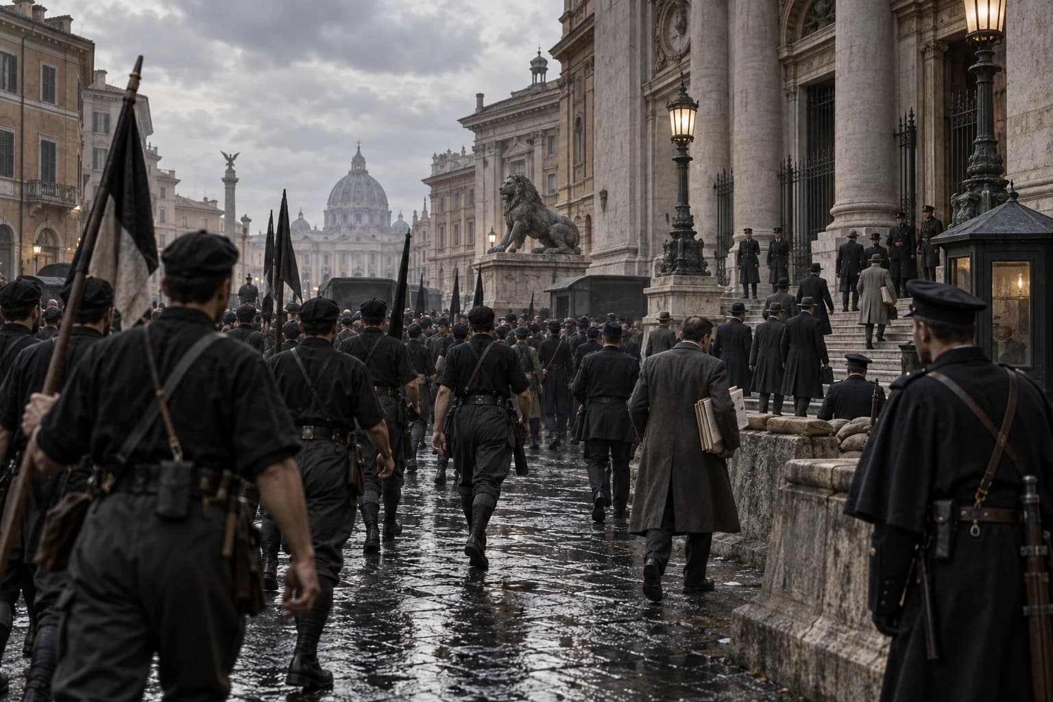 Black-shirted squads and officials move through rain-darkened Rome streets near government buildings during the March on Rome.