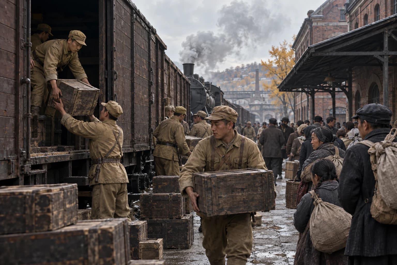 Illustrative reconstruction: Anonymous Chinese soldiers unloading railway supplies while displaced civilians wait at a northeastern station after Japan’s surrender in 1945.