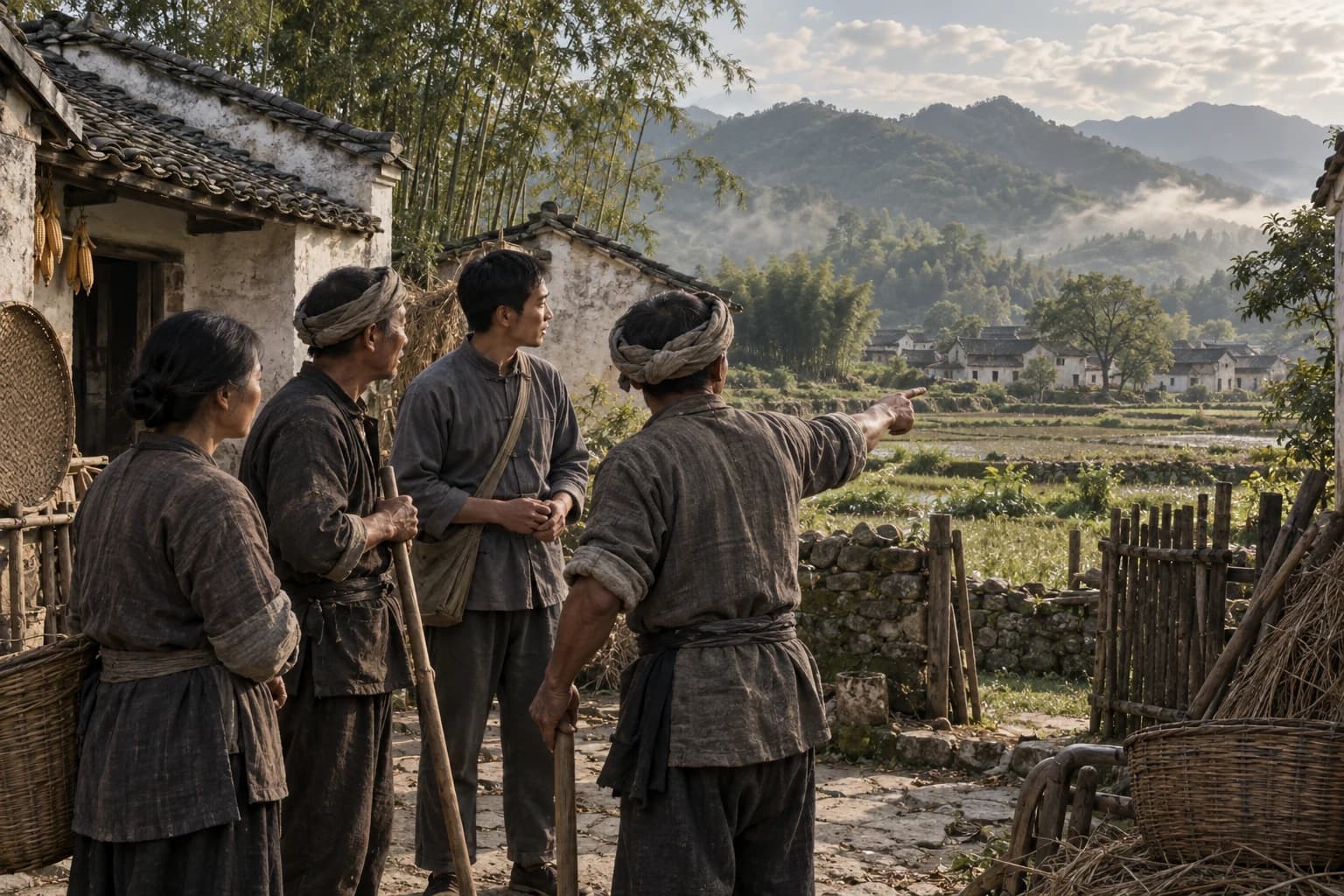 Illustrative reconstruction: Anonymous farmers and a Communist organiser discussing fields in a Jiangxi village courtyard around 1931.