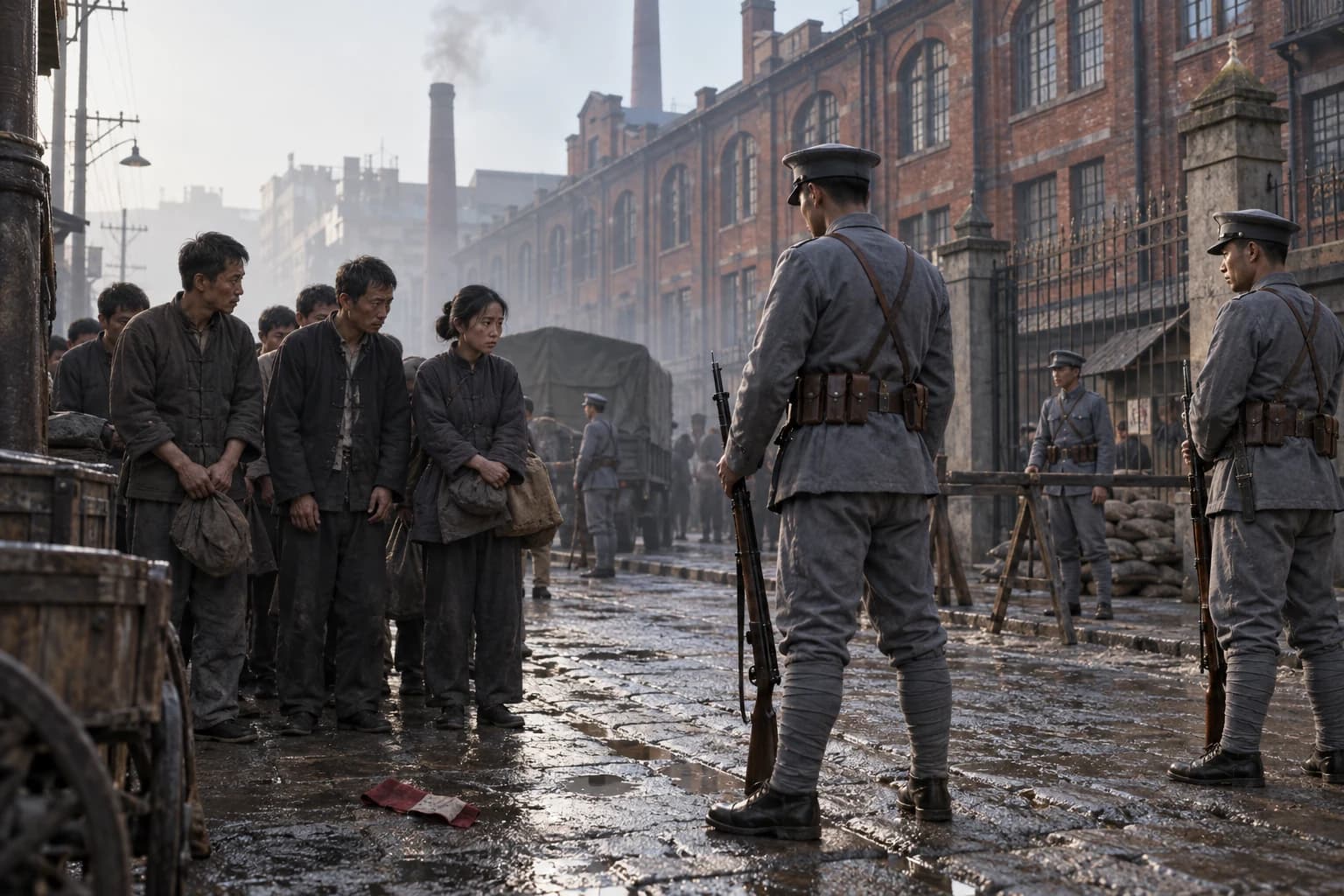 Illustrative reconstruction: Anonymous Nationalist soldiers controlling a Shanghai street while civilian workers wait outside a textile mill in April 1927.