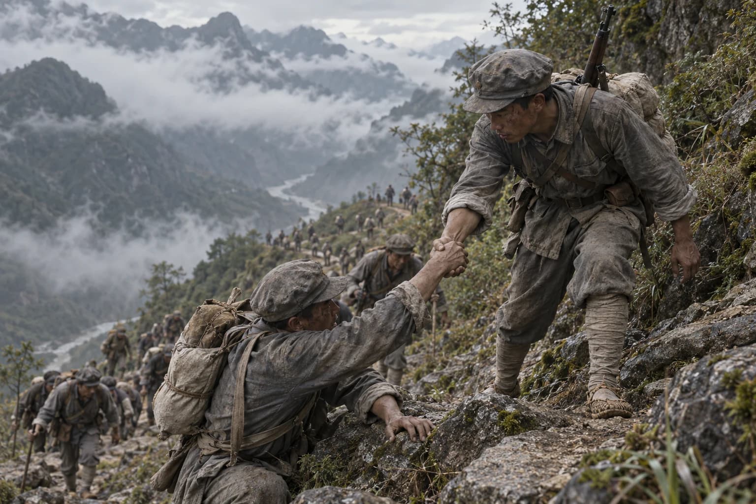 Illustrative reconstruction: Exhausted anonymous Red Army soldiers helping one another along a mountain path during the Long March in 1935.
