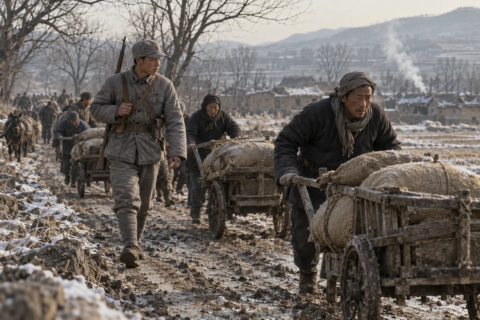 Illustrative reconstruction: Anonymous civilians transporting grain by handcart in central-eastern China during the Huaihai campaign in winter 1948.