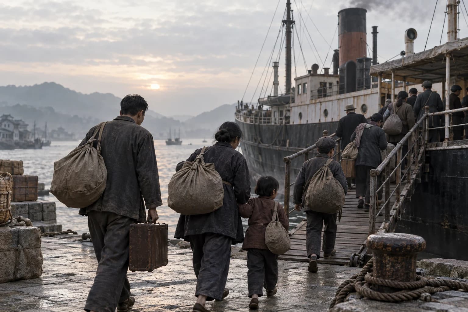 Illustrative reconstruction: an anonymous Chinese civilian family boarding a coastal passenger ship during displacement and Nationalist withdrawal to Taiwan in 1949.