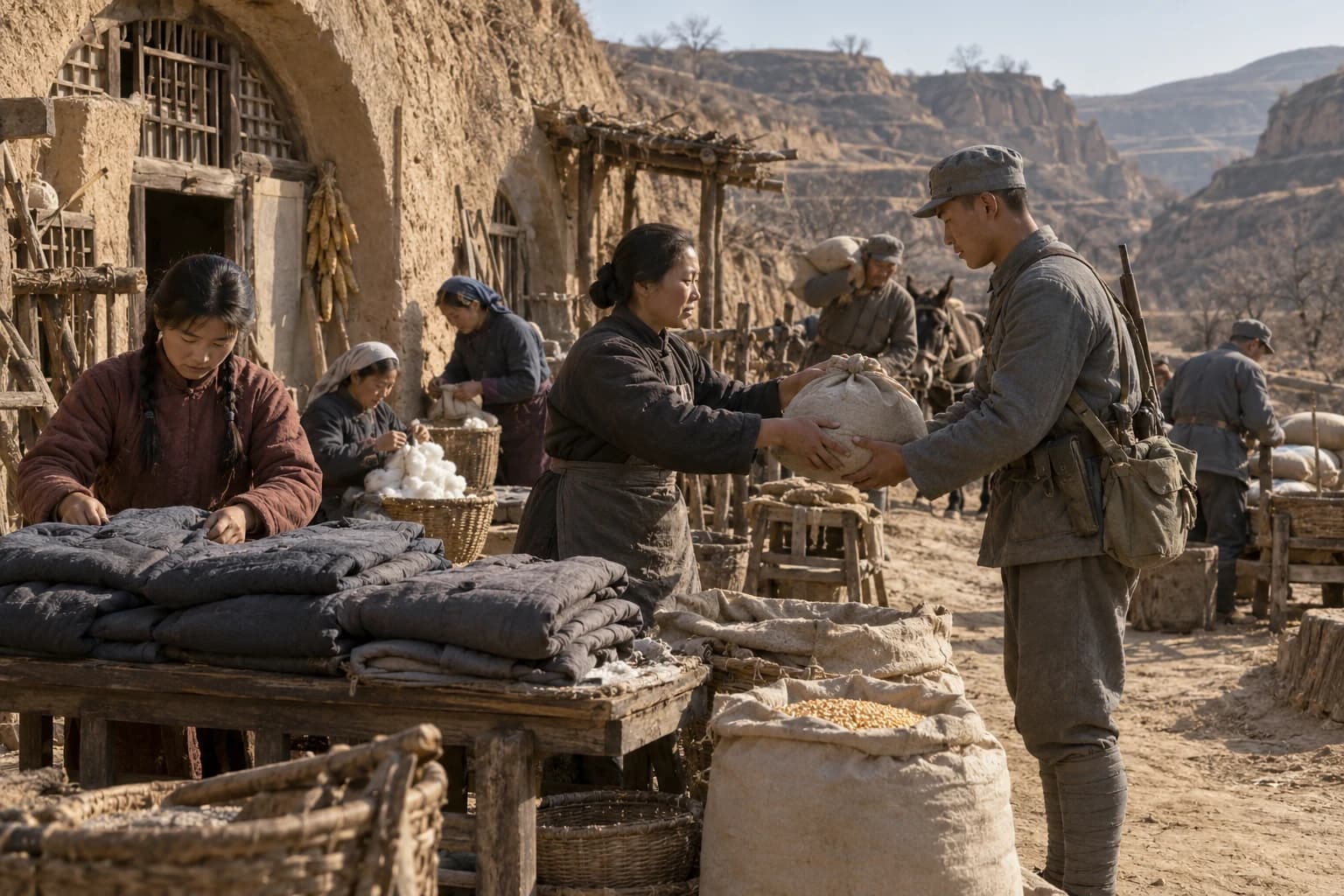 Illustrative reconstruction: Anonymous villagers preparing grain and clothing supplies beside Shaanxi cave dwellings during the war against Japan around 1943.