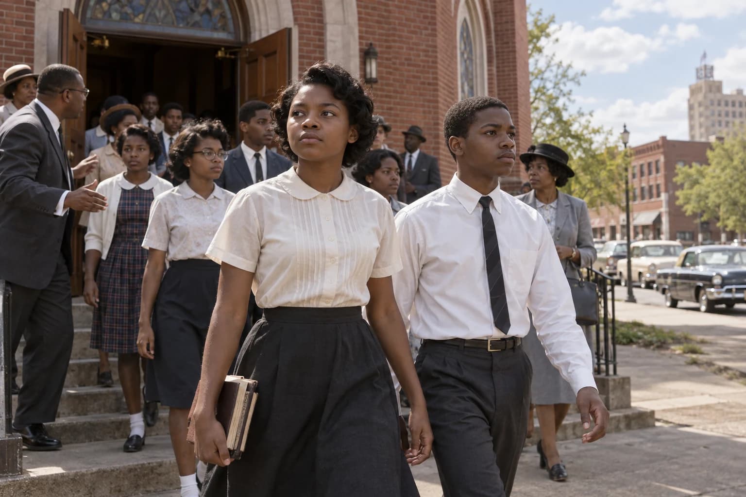 AI-generated reconstruction of teenage civil rights marchers gathering outside a Birmingham church in early May 1963.