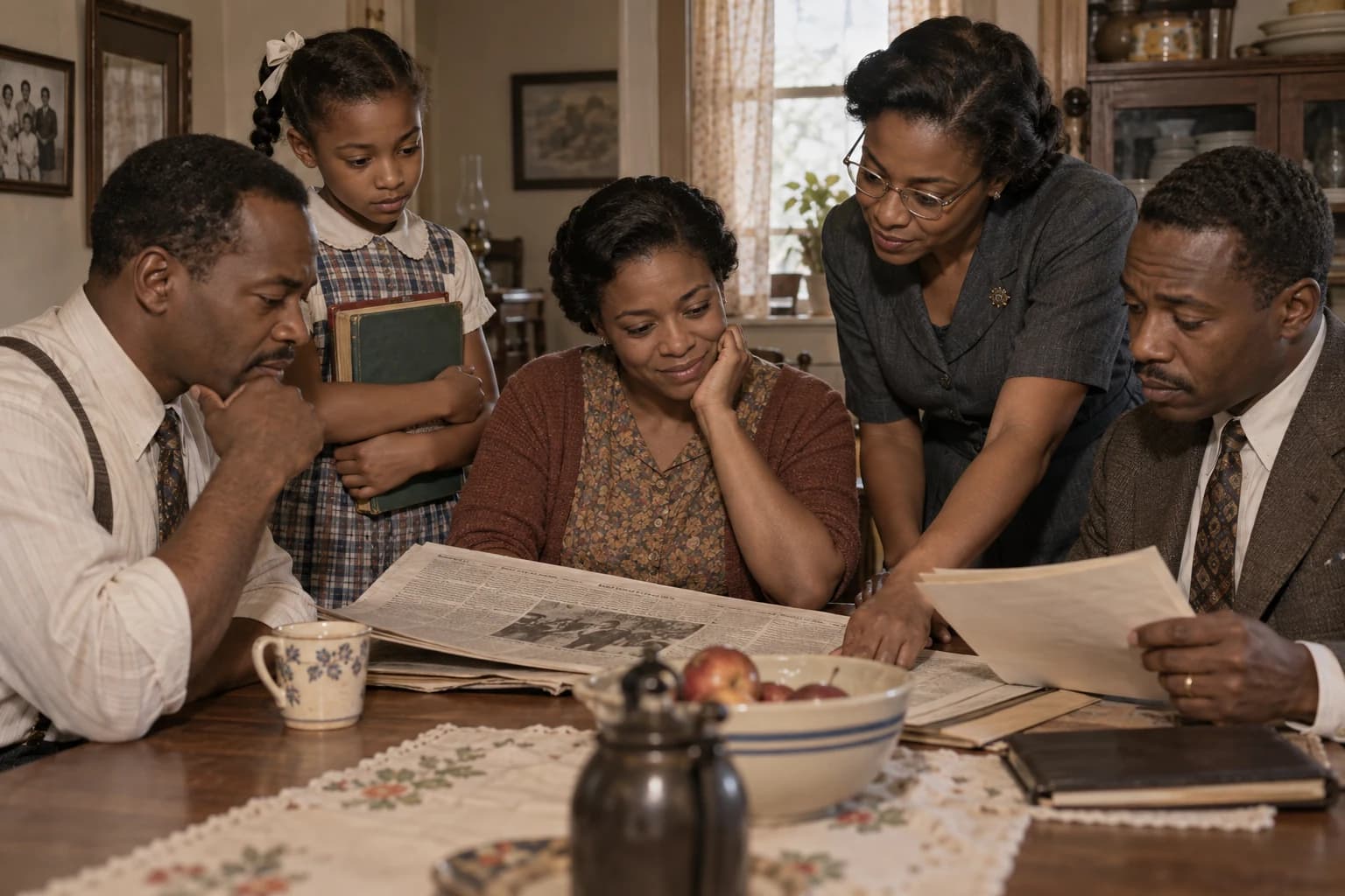 AI-generated reconstruction of Black parents and a teacher discussing the school segregation ruling in a Topeka home in 1954.