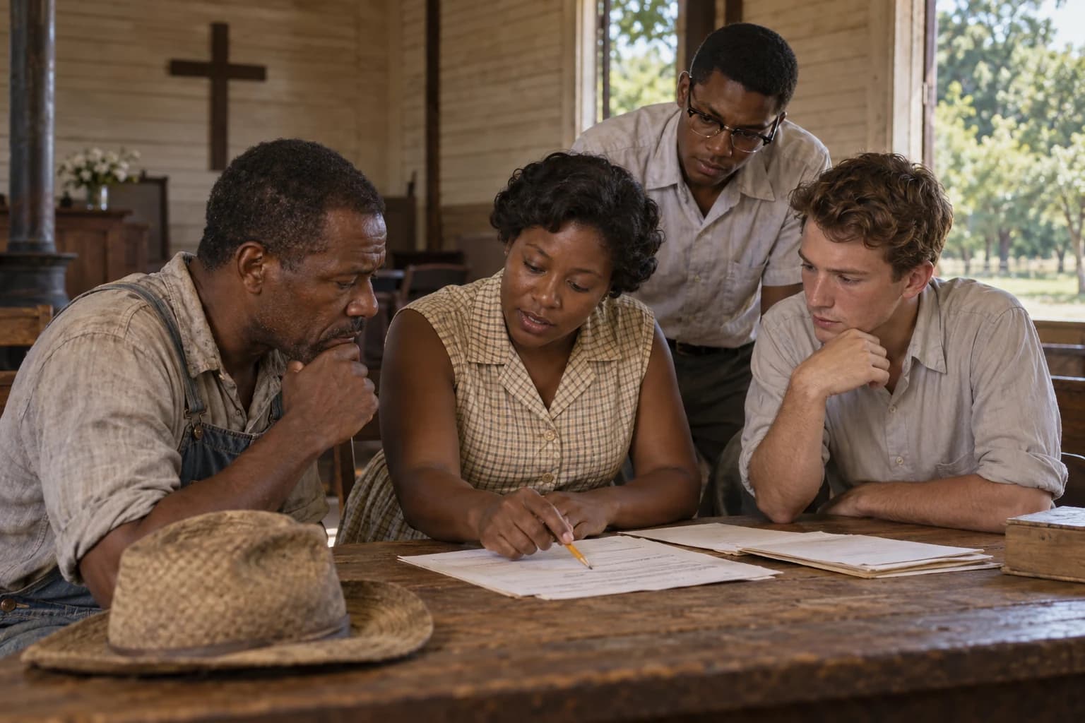 AI-generated reconstruction of local residents and volunteers preparing voter-registration paperwork in a Mississippi church during Freedom Summer.