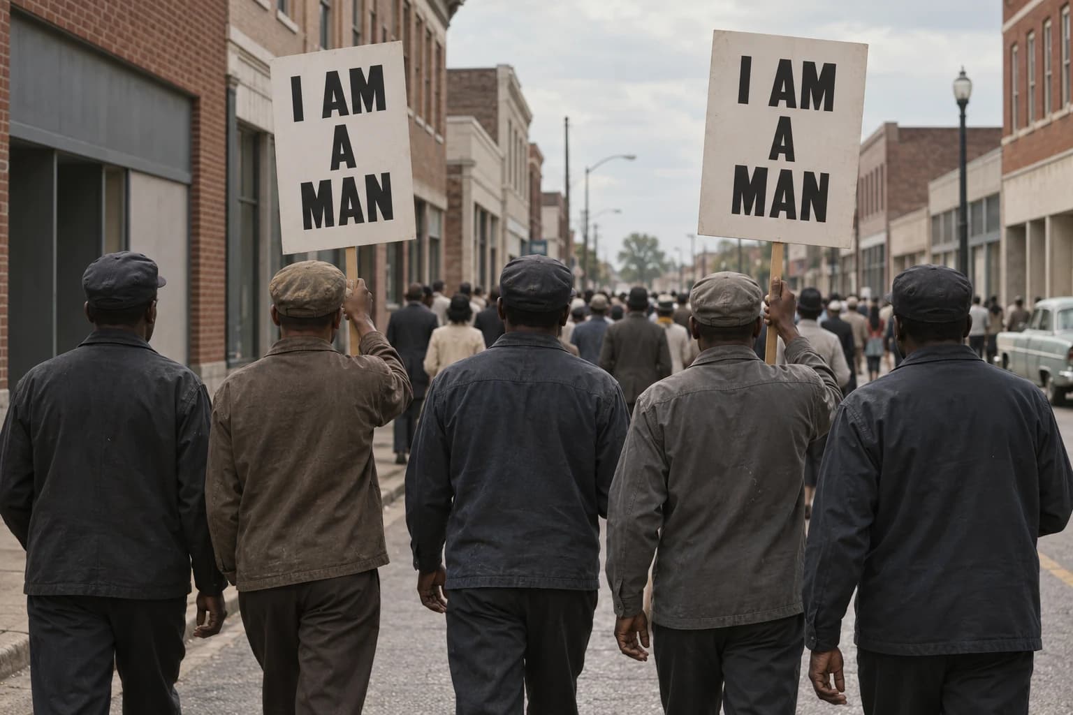 AI-generated reconstruction of anonymous Memphis sanitation workers seen from behind carrying I AM A MAN placards in 1968.