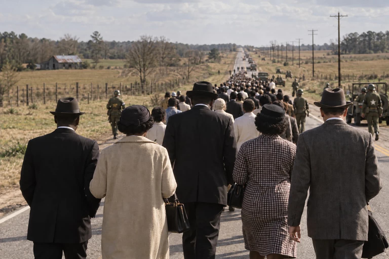 AI-generated reconstruction of ordinary participants seen from behind on the protected Selma-to-Montgomery march in late March 1965.