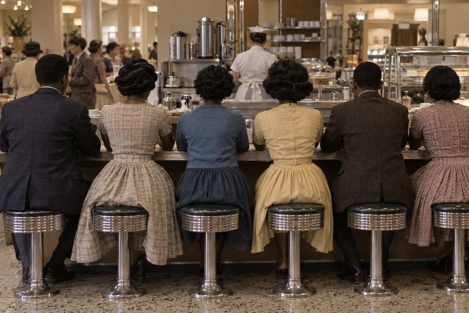 AI-generated reconstruction of six fictional Black student protesters seen from behind at a Southern lunch counter in spring 1960.