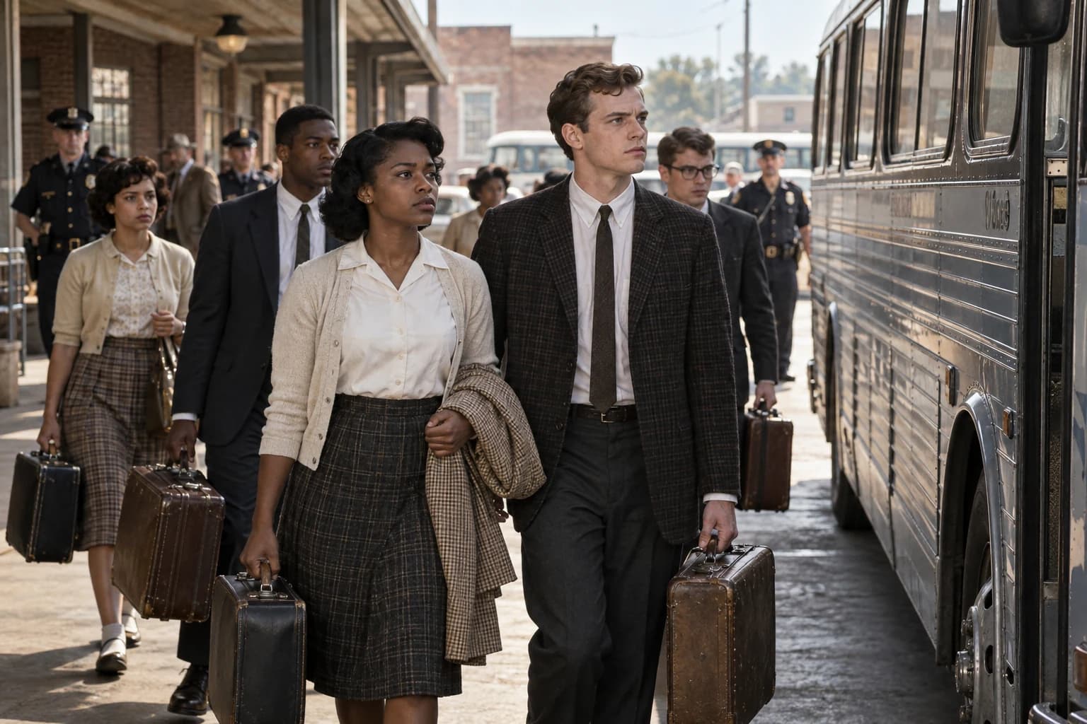 AI-generated reconstruction of interracial civil rights volunteers approaching an intercity bus in the American South in May 1961.