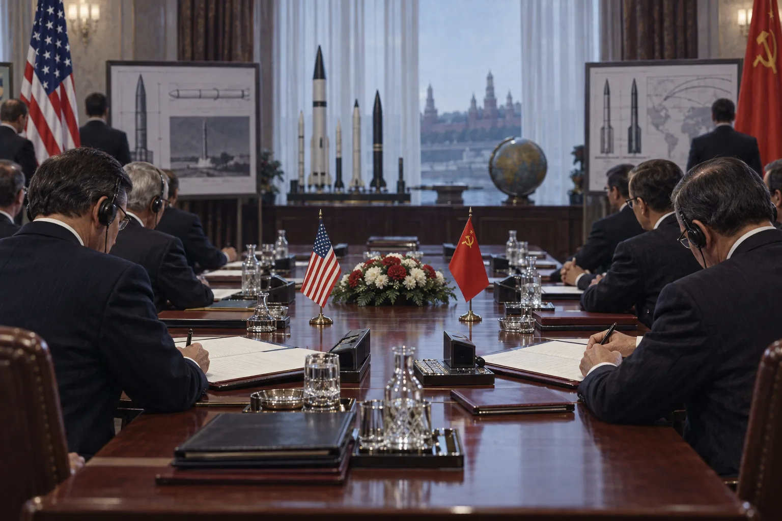 American and Soviet delegations sit across a long summit table with missile diagrams and translation headsets during arms-control talks.