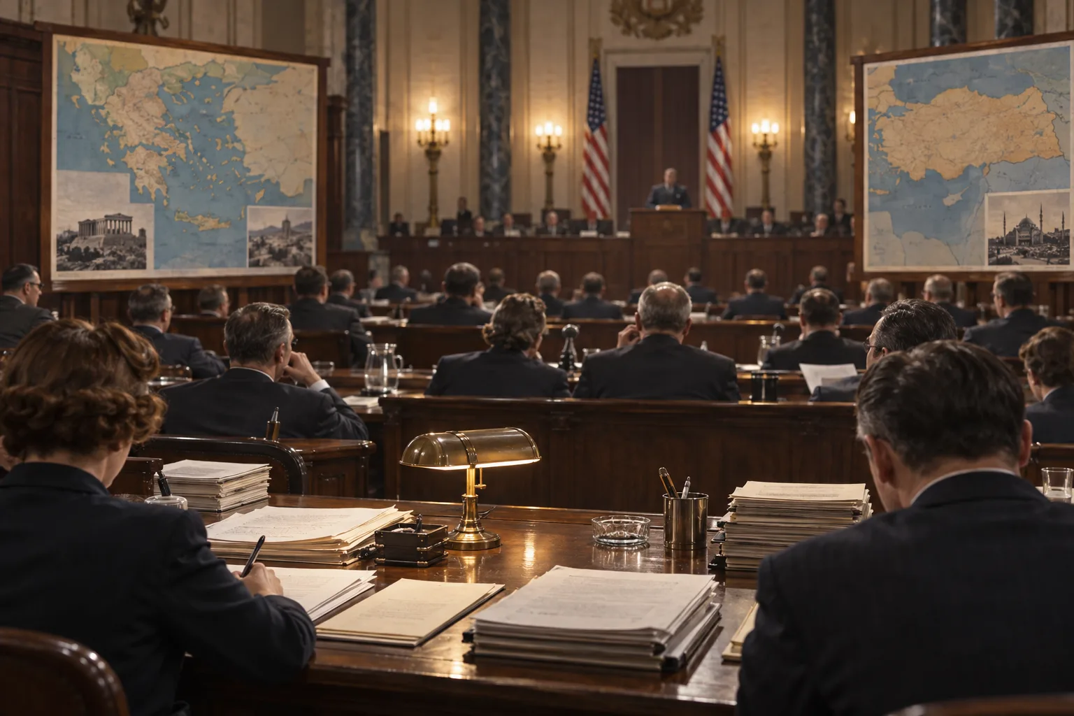 Lawmakers face maps of Greece and Turkey in a 1947 congressional hearing room as containment policy is debated.