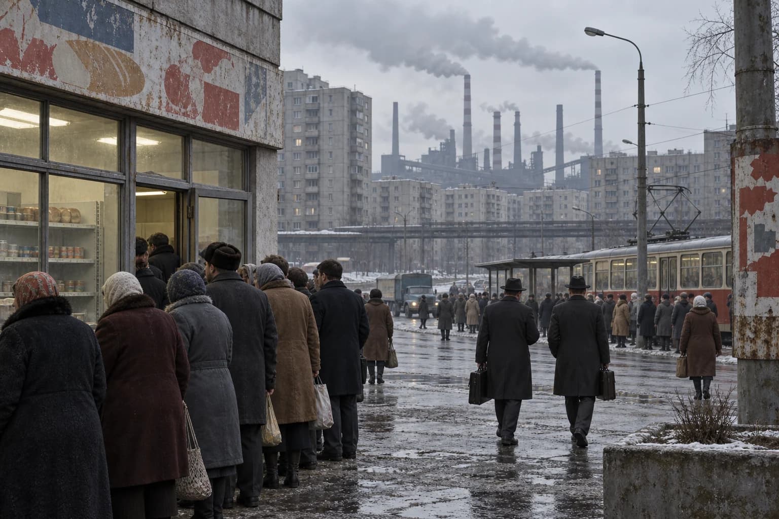 Citizens queue outside a late-Soviet shop while officials walk past apartment blocks and smoking factories.