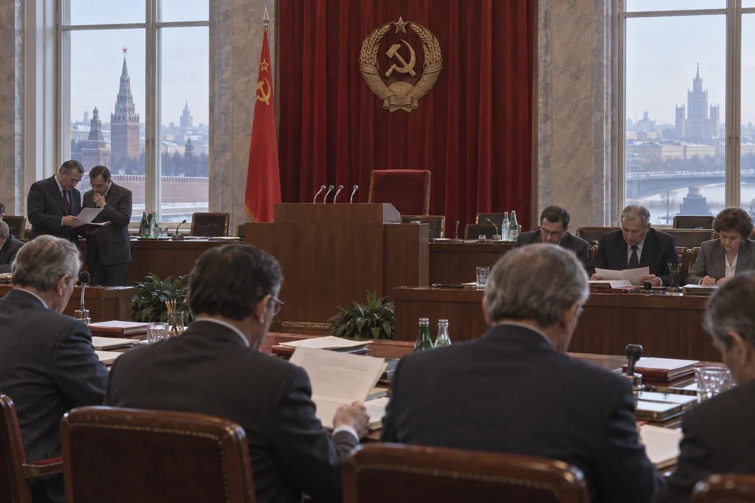 An empty chair and lectern sit in a Soviet party meeting room as officials study papers in 1985 Moscow.