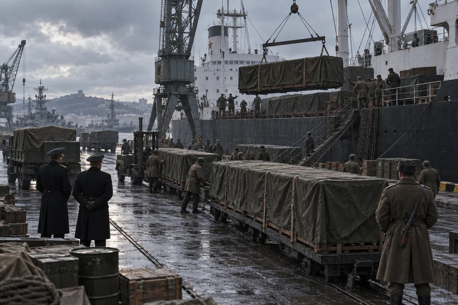Soviet soldiers and dockworkers load long covered crates onto a freighter in a gray 1962 naval port.