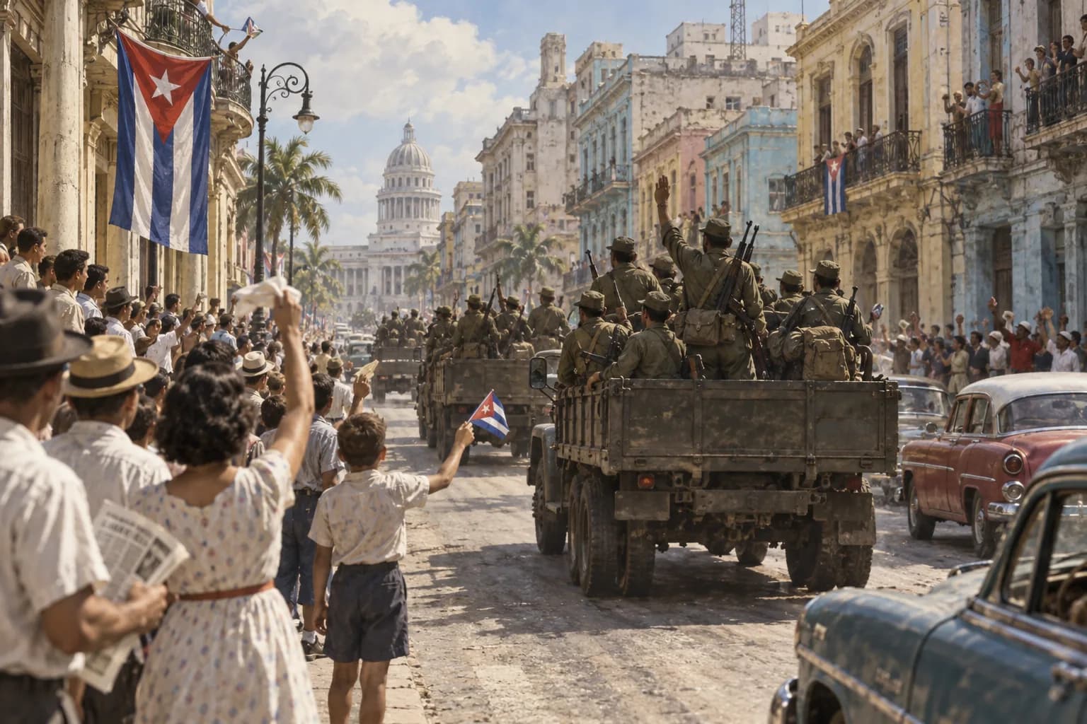 Rebel trucks move through Havana in 1959 as civilians watch from balconies and wave Cuban flags.