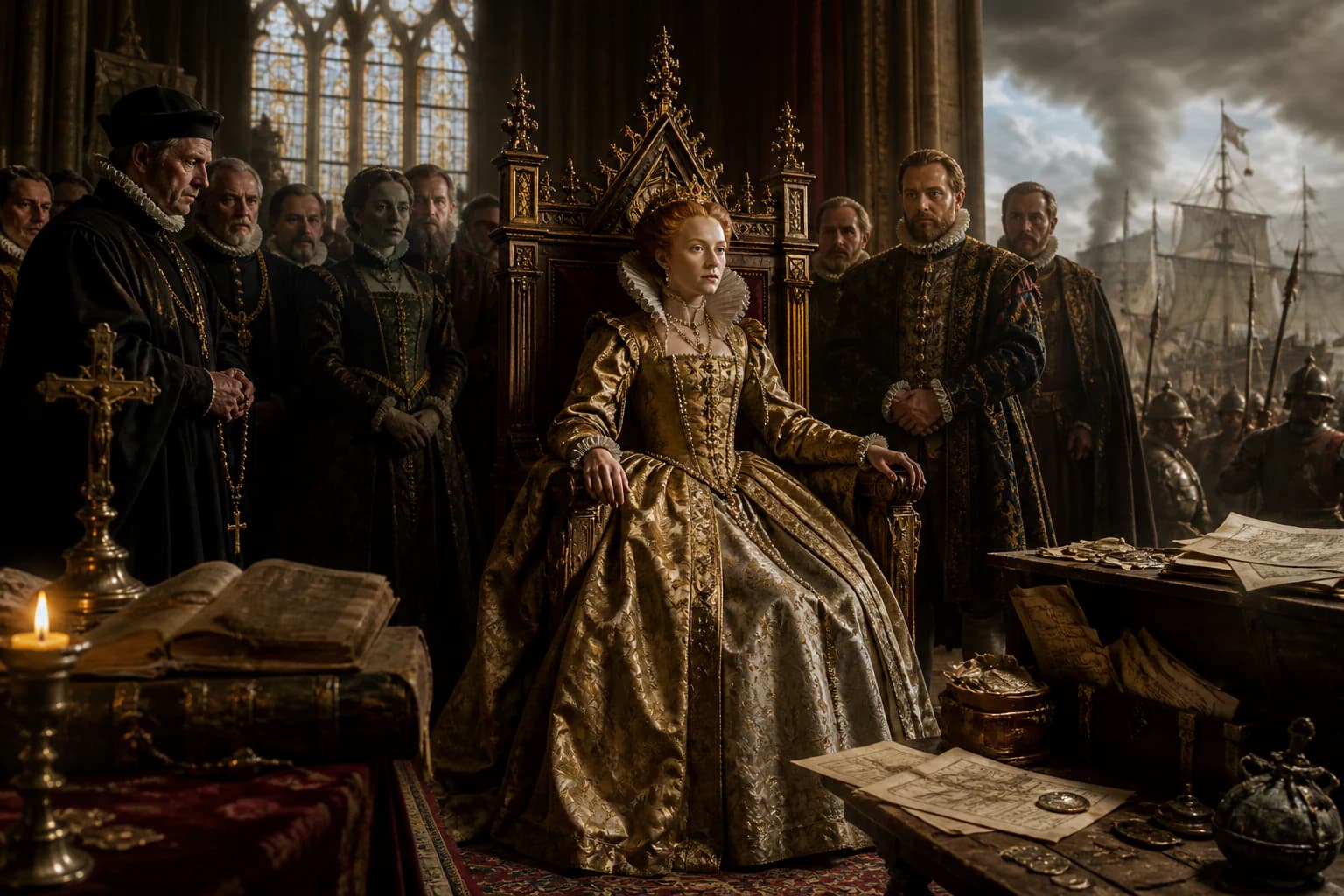 Elizabeth I being proclaimed queen as courtiers bow in the great hall of a Tudor palace.