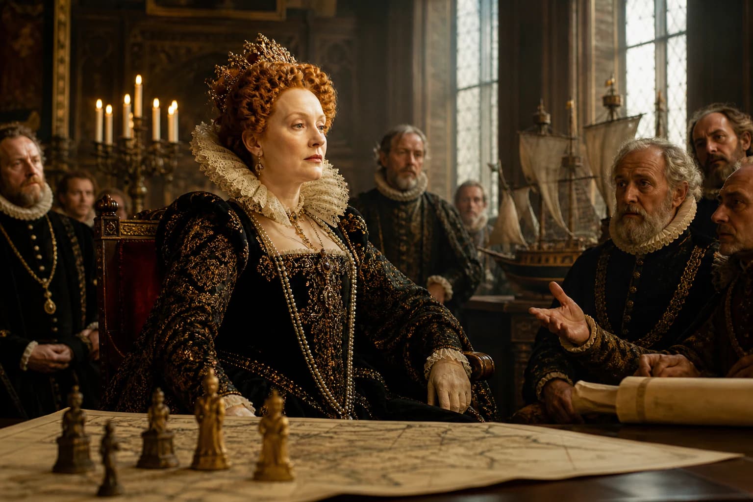Elizabeth I surrounded by foreign suitors and court advisers, holding an orb of sovereignty.