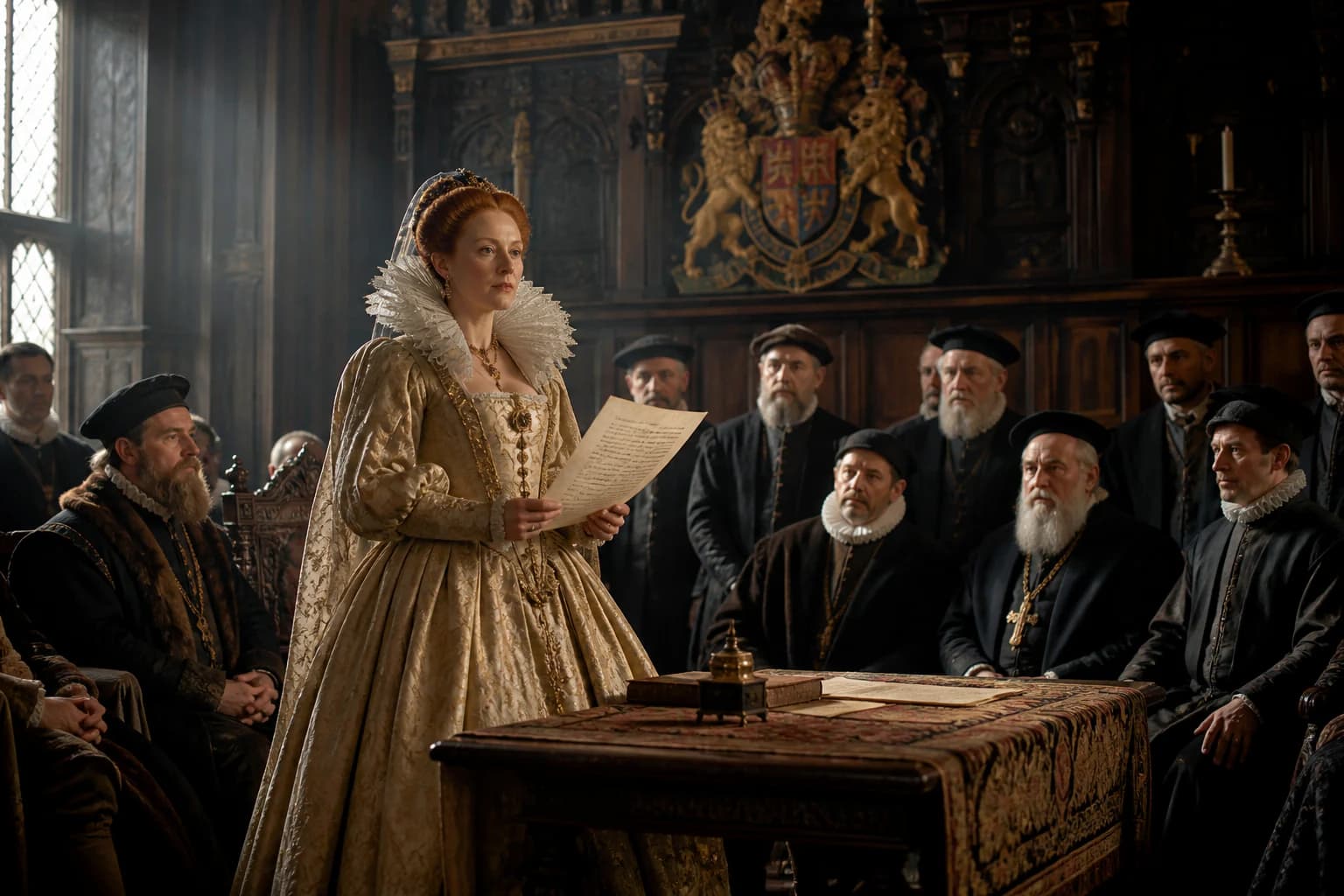 Elizabeth I presiding over Parliament as the Acts of Supremacy and Uniformity are debated.