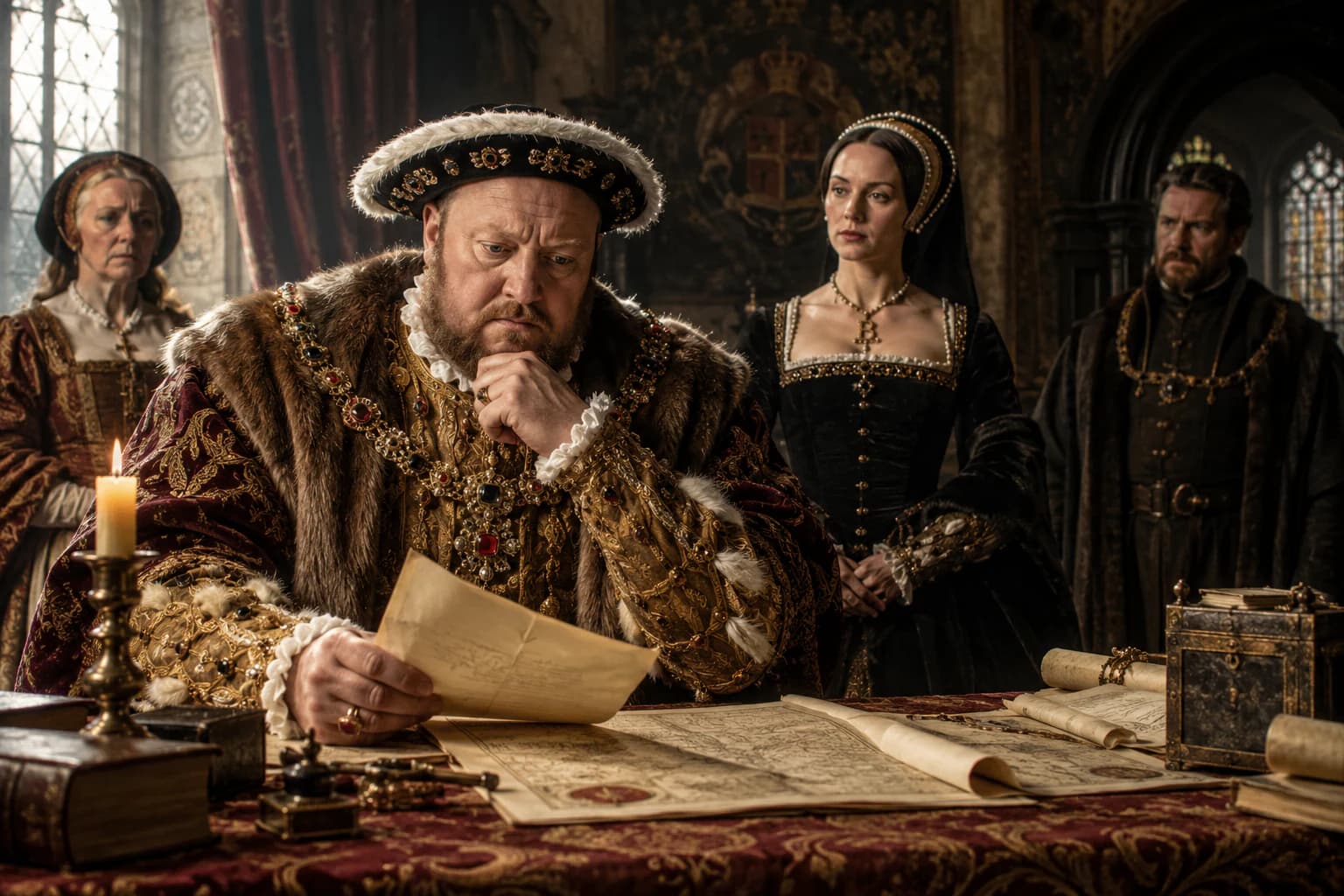 Henry VIII studying annulment documents with Anne Boleyn and papal officials nearby.