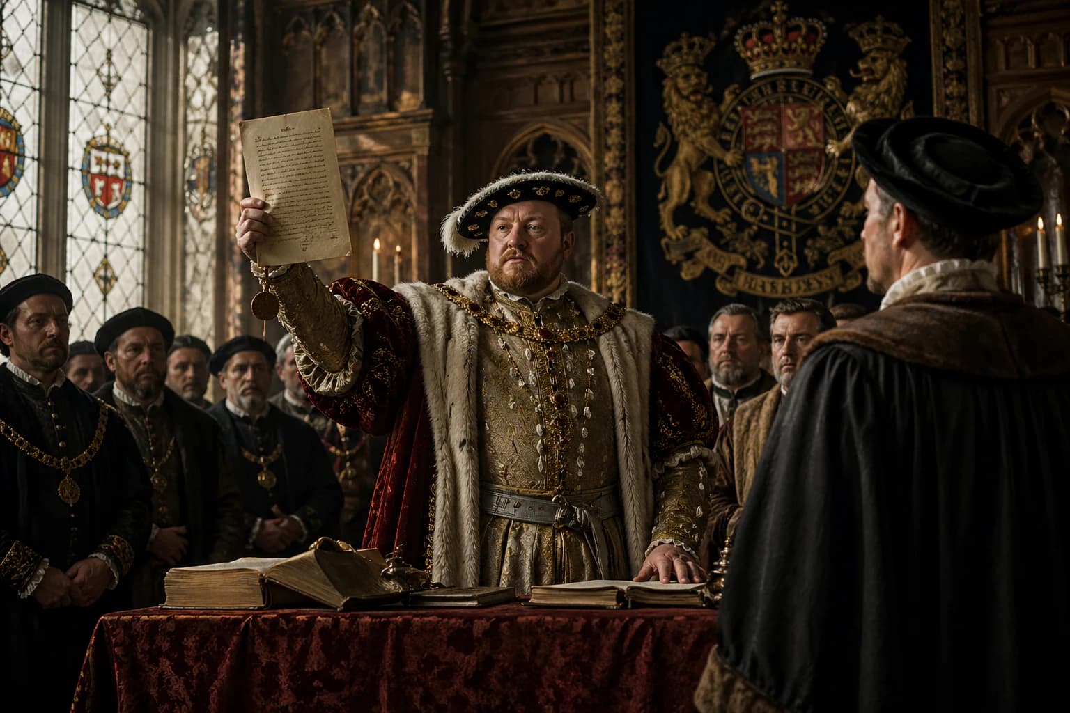 Henry VIII presenting a royal decree as England breaks from papal authority.