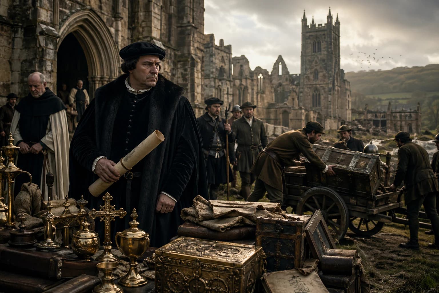 Thomas Cromwell overseeing the removal of monastic treasures during the dissolution of the monasteries.