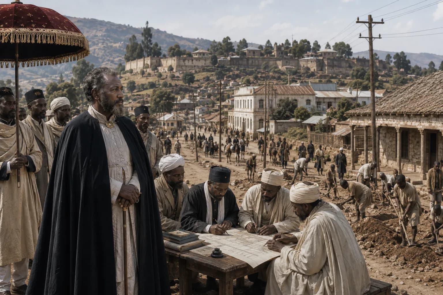 Menelik II observes plans, road work and telegraph lines as Addis Ababa and the imperial state modernise.