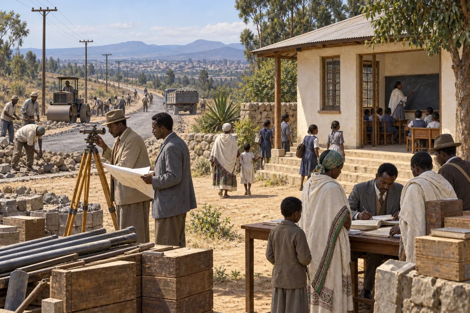 Teachers, engineers, clerks, and families gather near a mid-century Ethiopian school and roadworks site outside Addis Ababa.