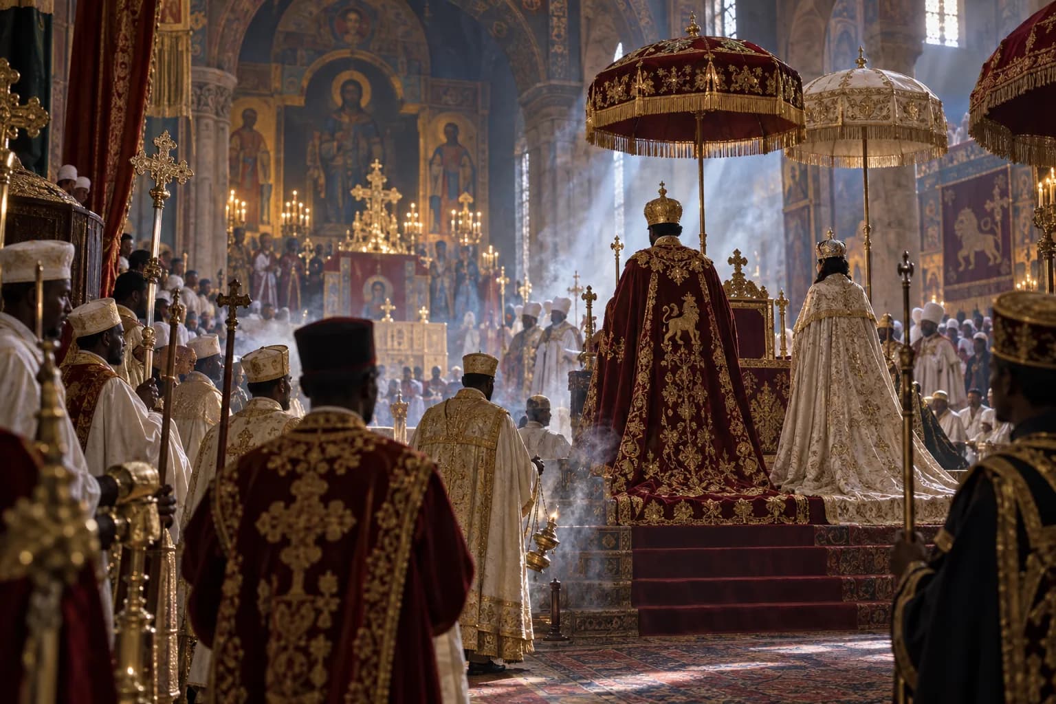 Distant imperial figures stand beneath ceremonial umbrellas during the 1930 coronation inside an Ethiopian Orthodox cathedral.