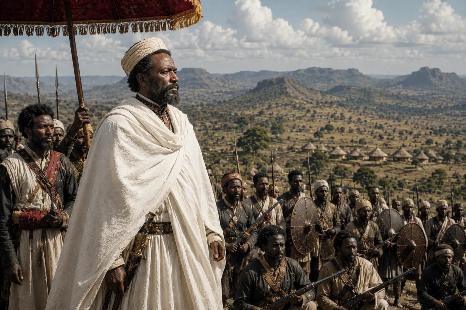 Menelik II looks over southern highland territories with armed followers during Ethiopia's imperial expansion.