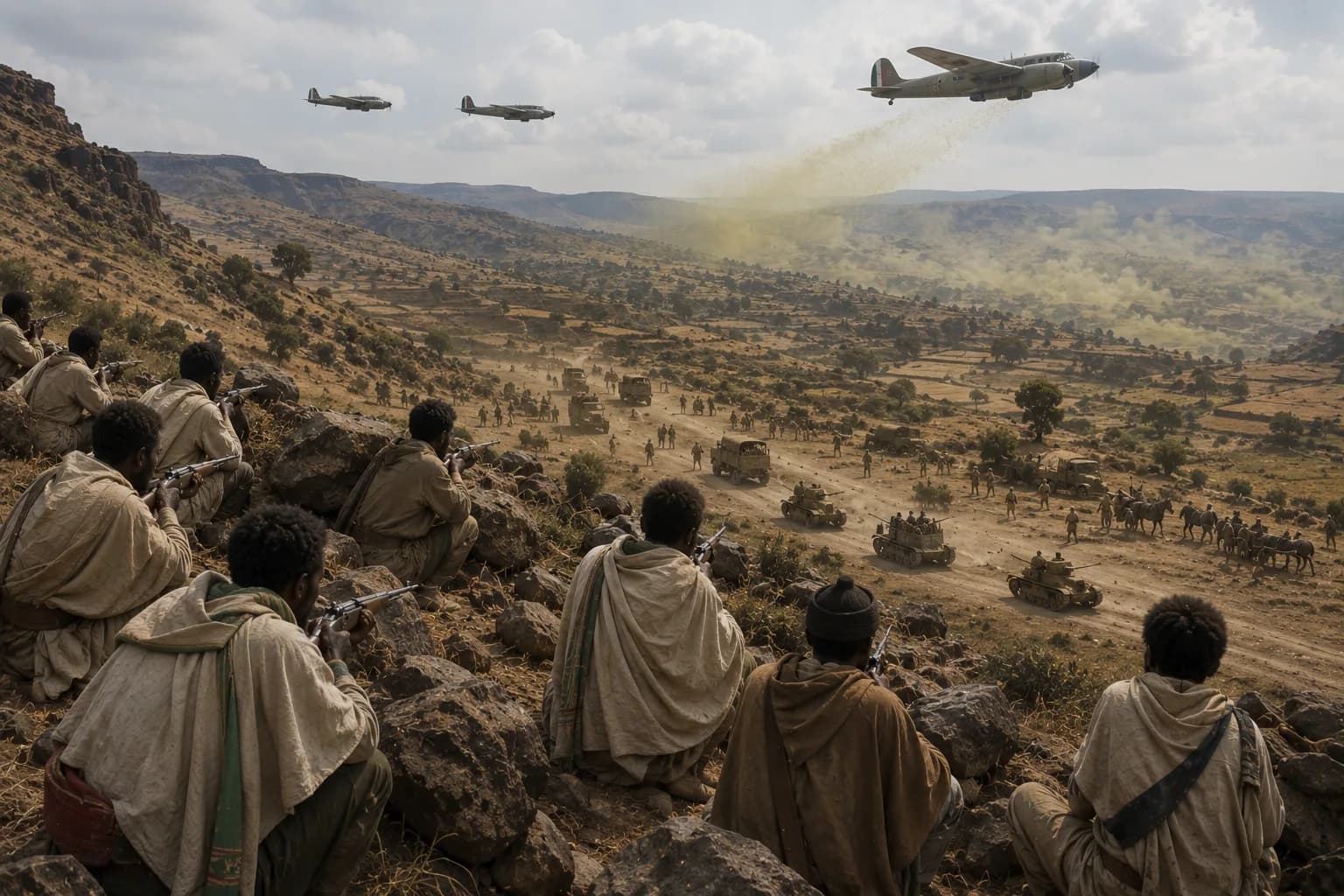 Italian aircraft and armoured vehicles advance through the Ethiopian highlands during Mussolini's invasion.