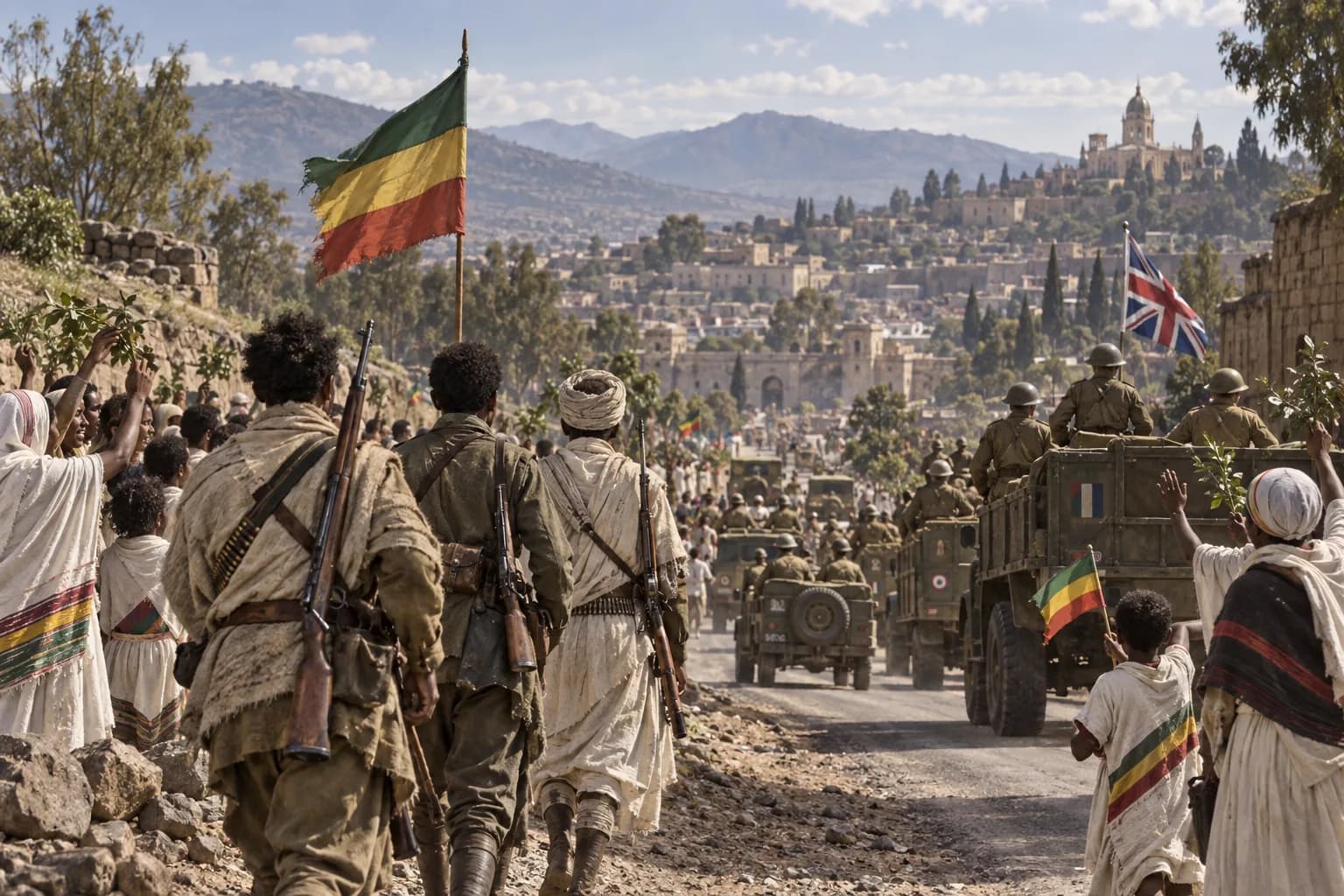 Ethiopian resistance fighters and Allied vehicles enter a liberated town while civilians wave flags from the roadside.