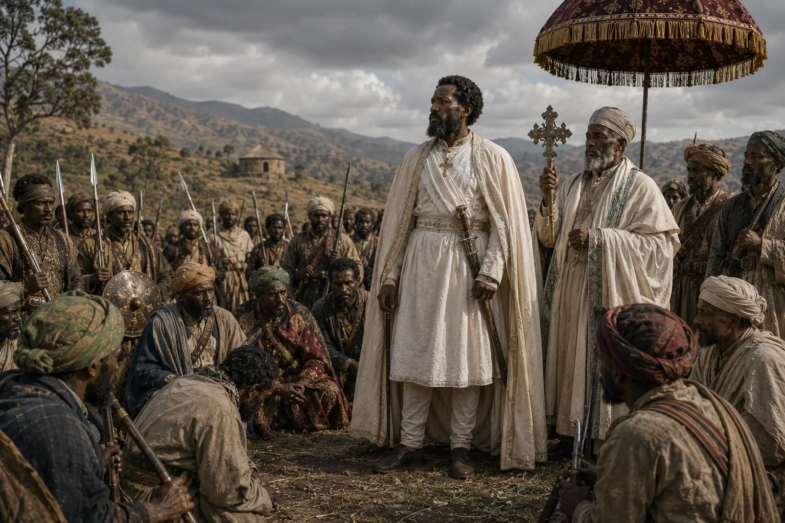 Tewodros II stands with Ethiopian clergy, soldiers and regional followers in the highlands as he tries to reunify the empire.