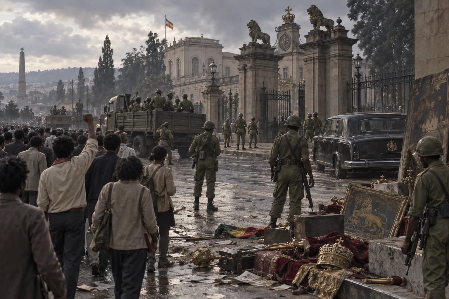 Soldiers and civilians gather outside imperial gates in Addis Ababa during the 1974 revolution as ceremonial objects lie nearby.