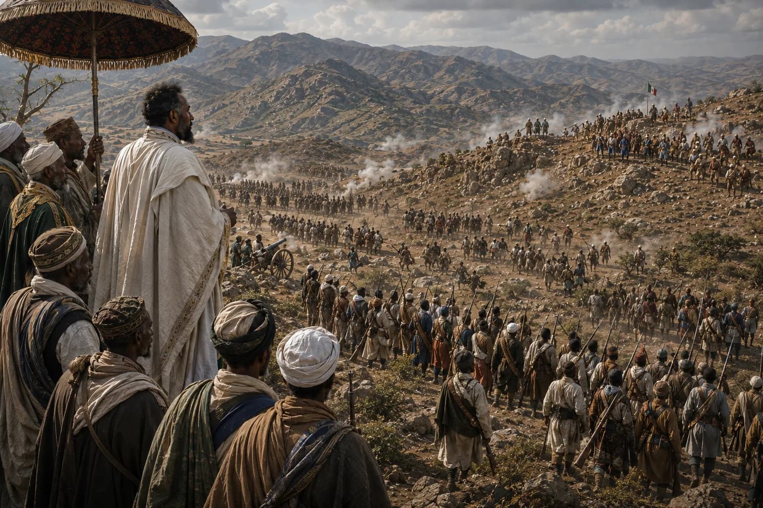 Ethiopian forces under Menelik II face Italian troops in the mountainous battlefield at Adwa.