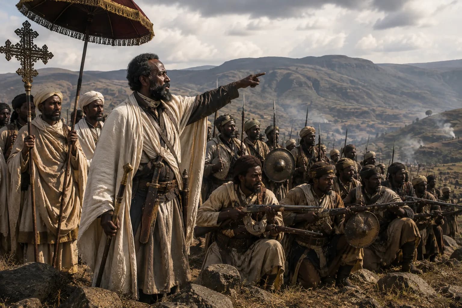 Yohannes IV directs Ethiopian soldiers in the highlands as the empire prepares to defend its frontiers.