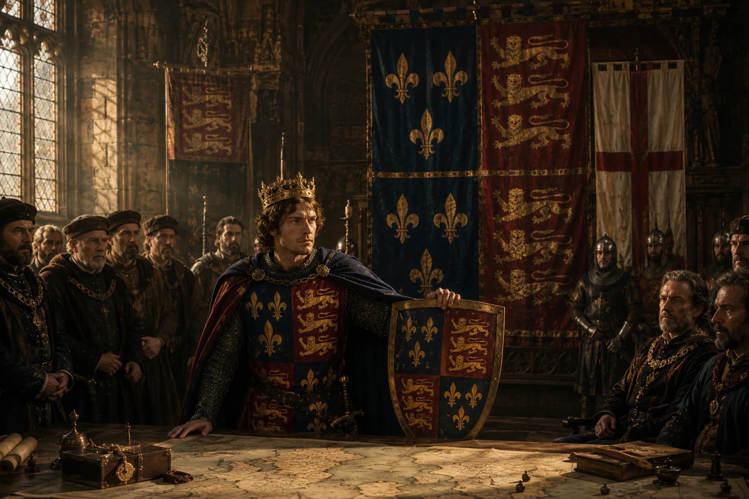 Edward III standing before English and French heraldic banners as he claims the French crown.