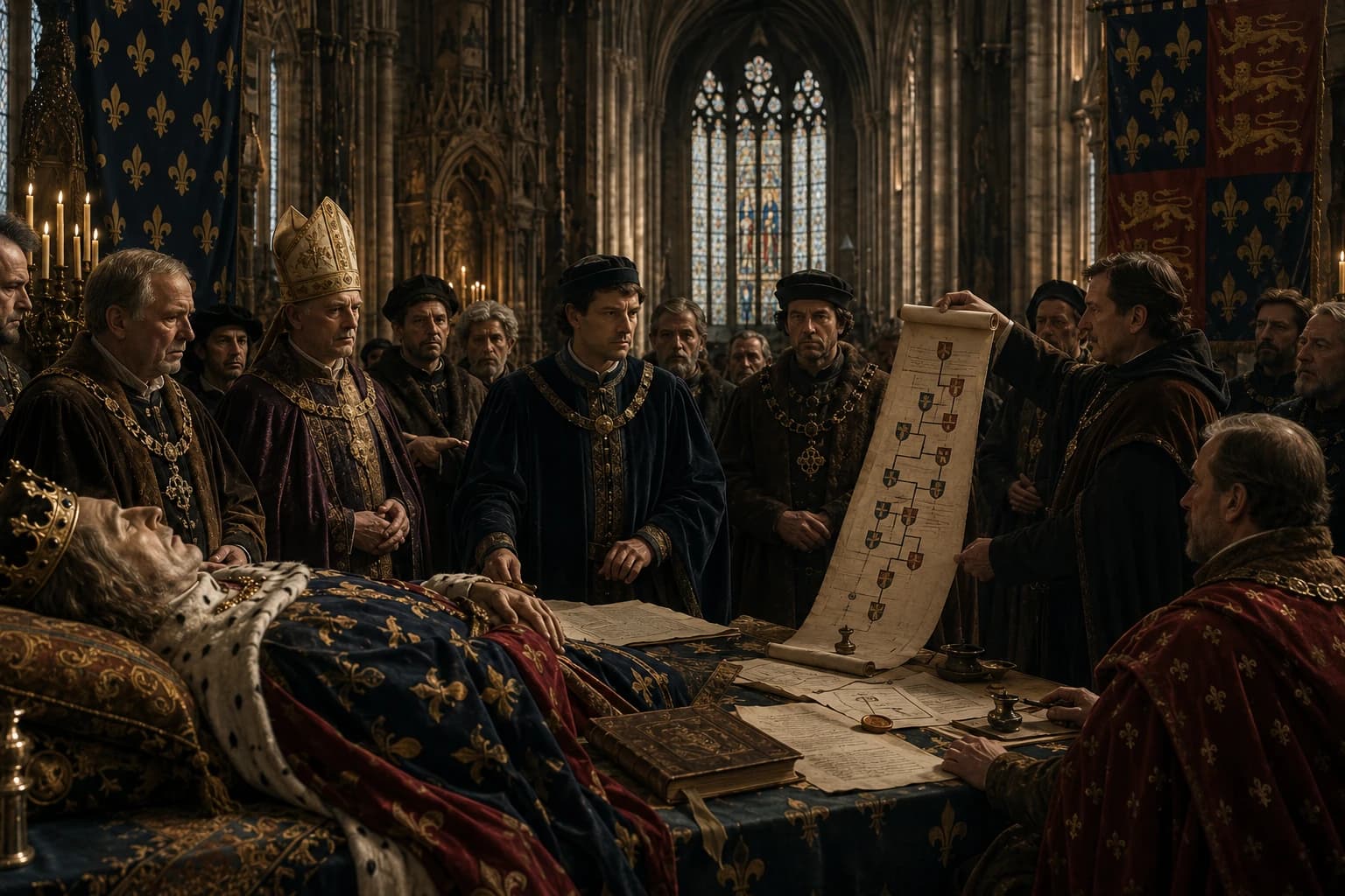 French nobles and churchmen debating the Capetian succession beside the body of Charles IV.