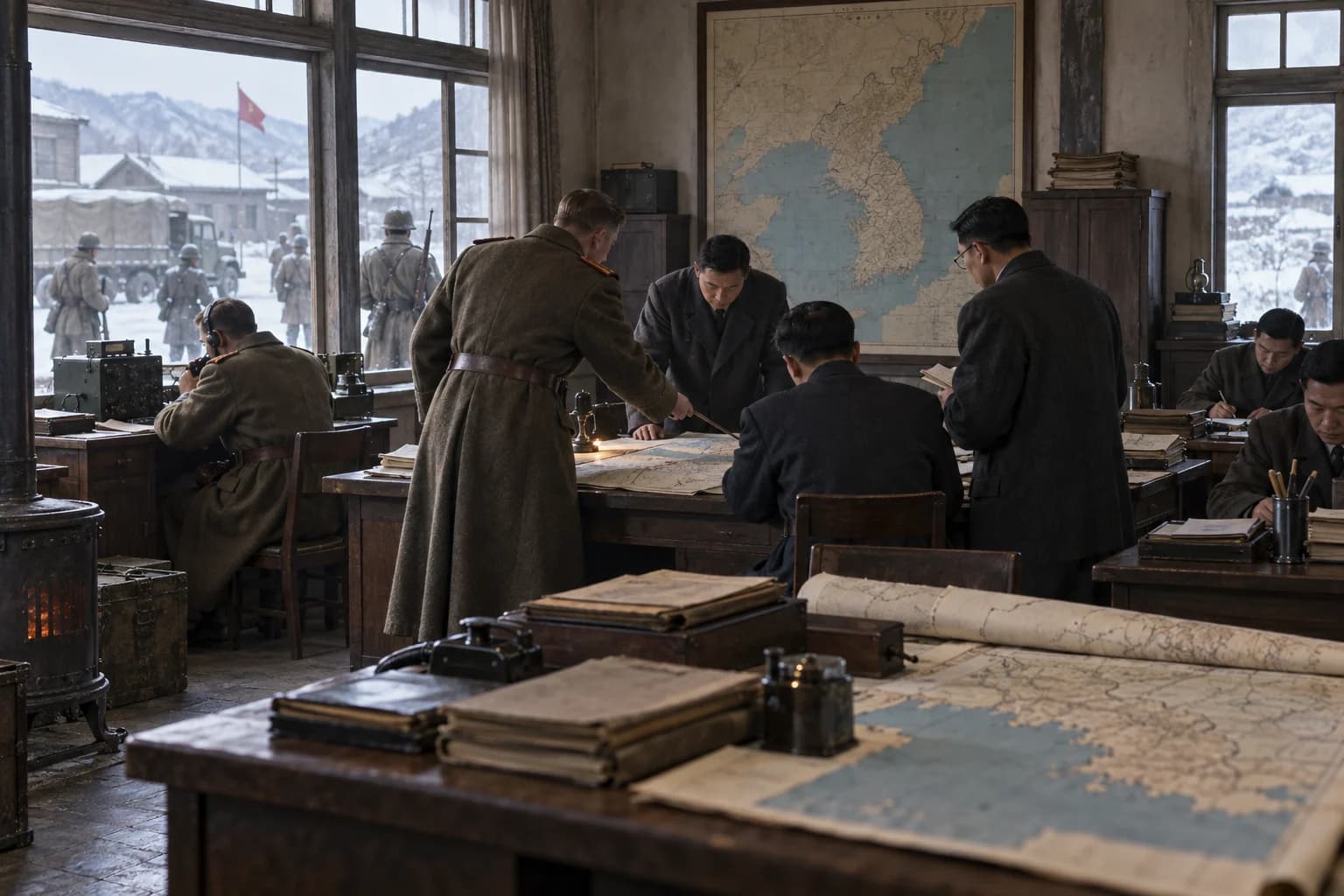 Soviet advisers and Korean administrators study peninsula maps in a cold late-1940s government office.