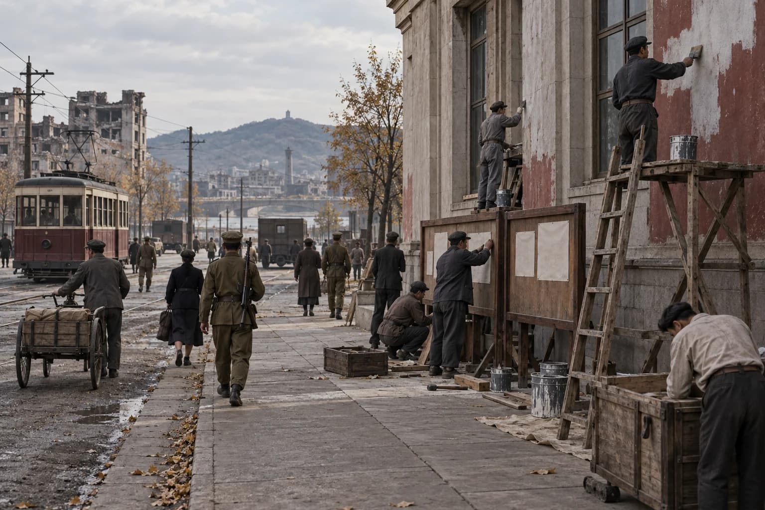 Workers repaint a public building and prepare blank notice boards on a recovering Pyongyang street in 1948.