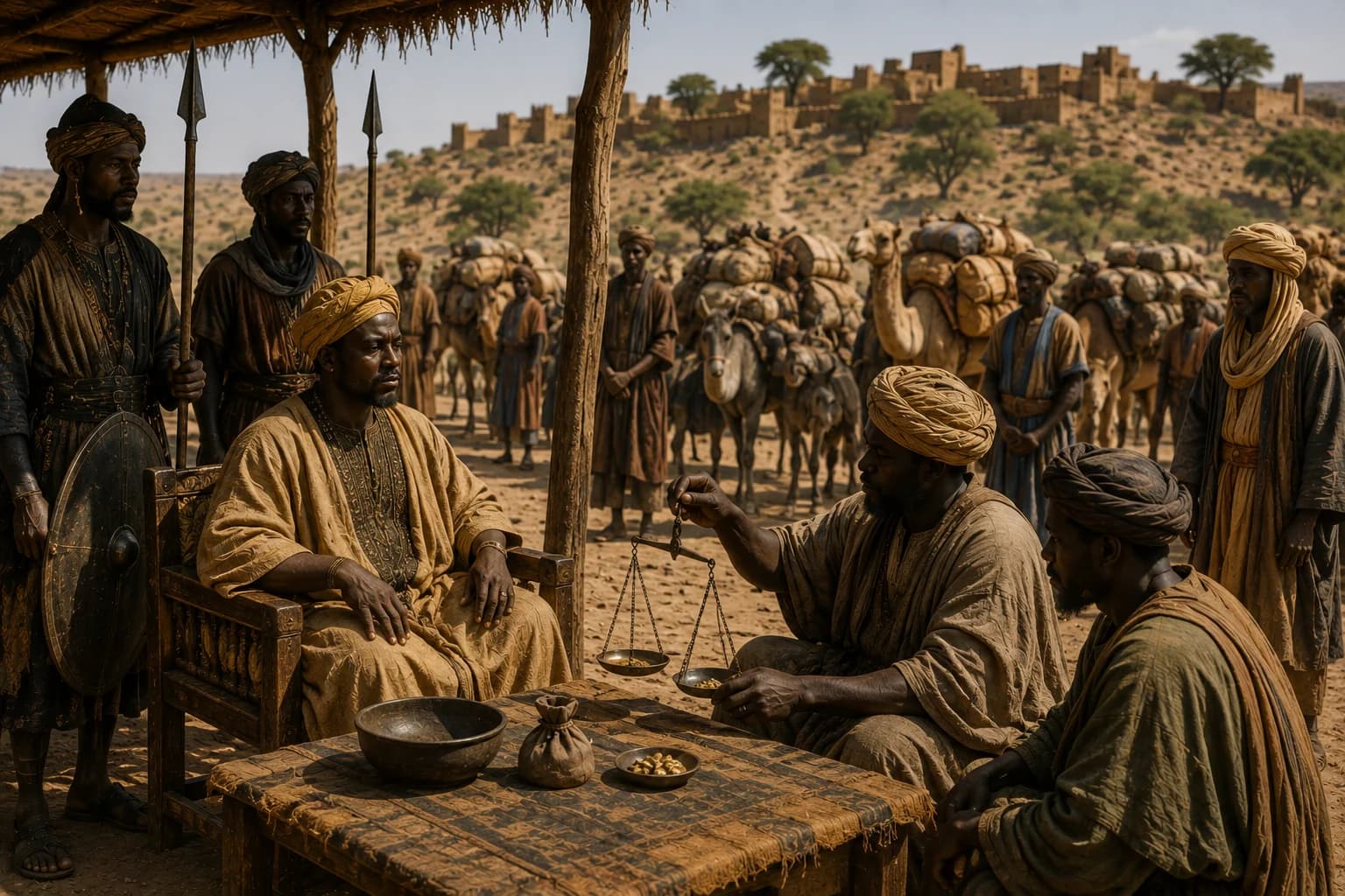 Malian officials weigh gold as merchants and camel caravans wait on a Sahel trade route.