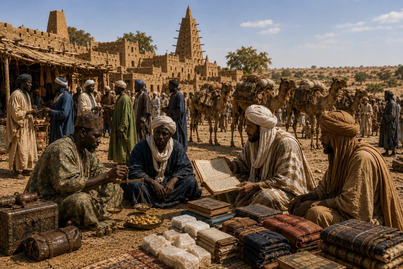 Merchants, scholars and caravans connect Mali to wider medieval trade networks.