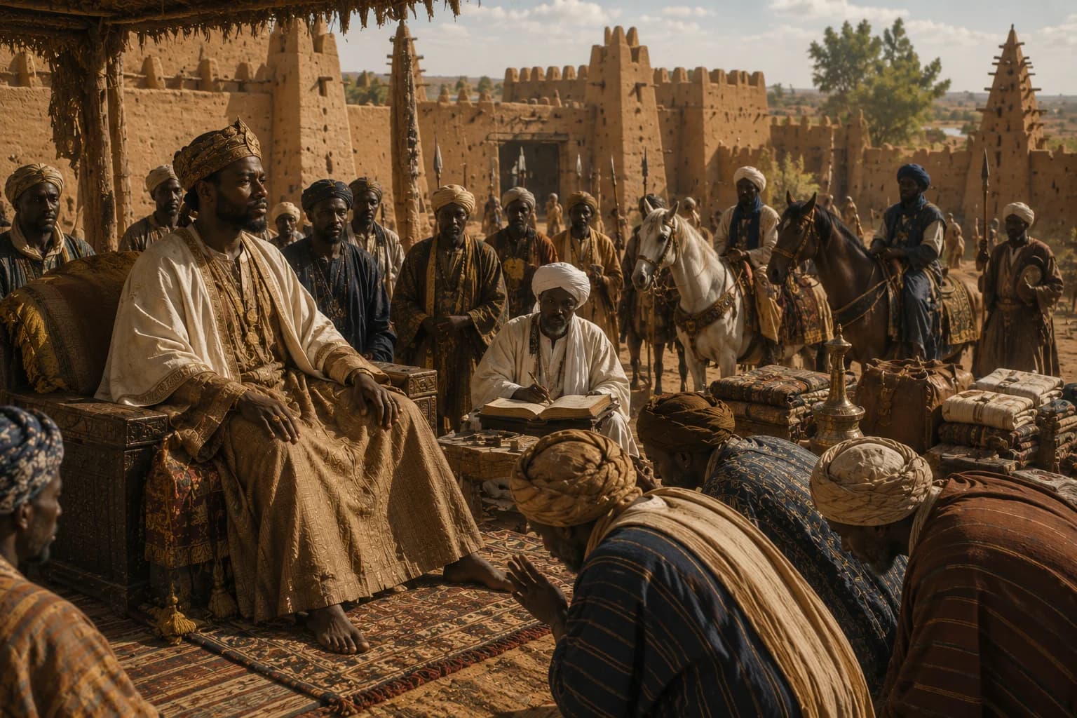 Mansa Musa takes the throne before courtiers, officials and horsemen.
