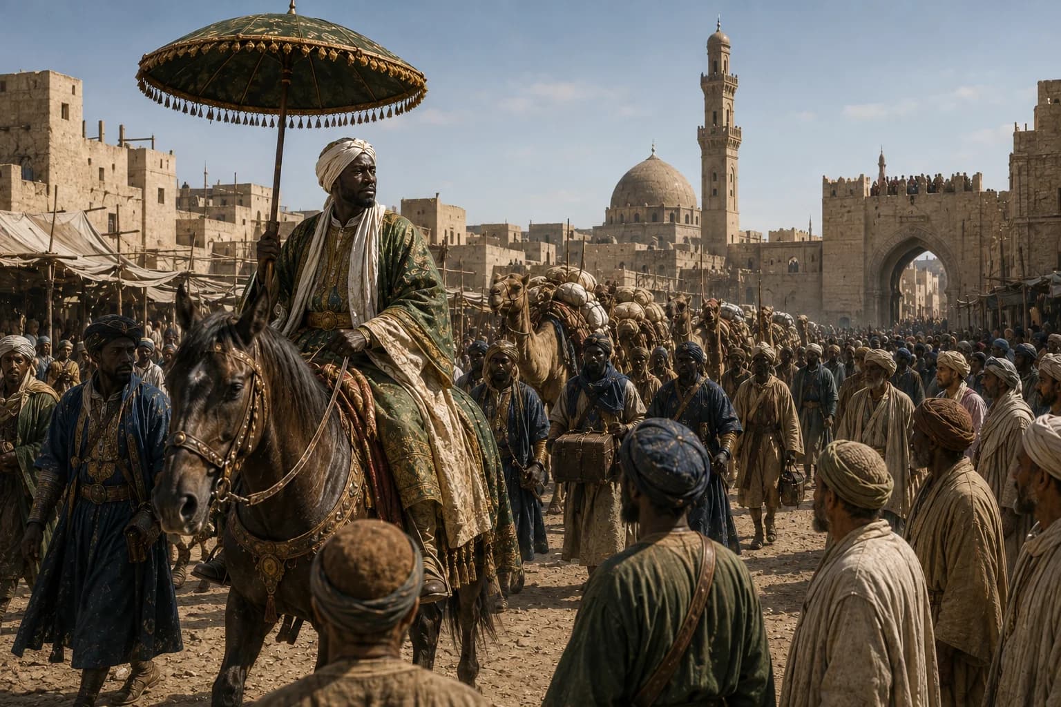 Mansa Musa rides through Cairo with a large pilgrimage caravan.